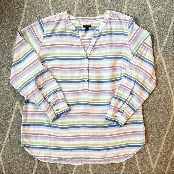 Talbots White Pink Blue Mint Striped Linen Tunic Top - Picture 1 of 4